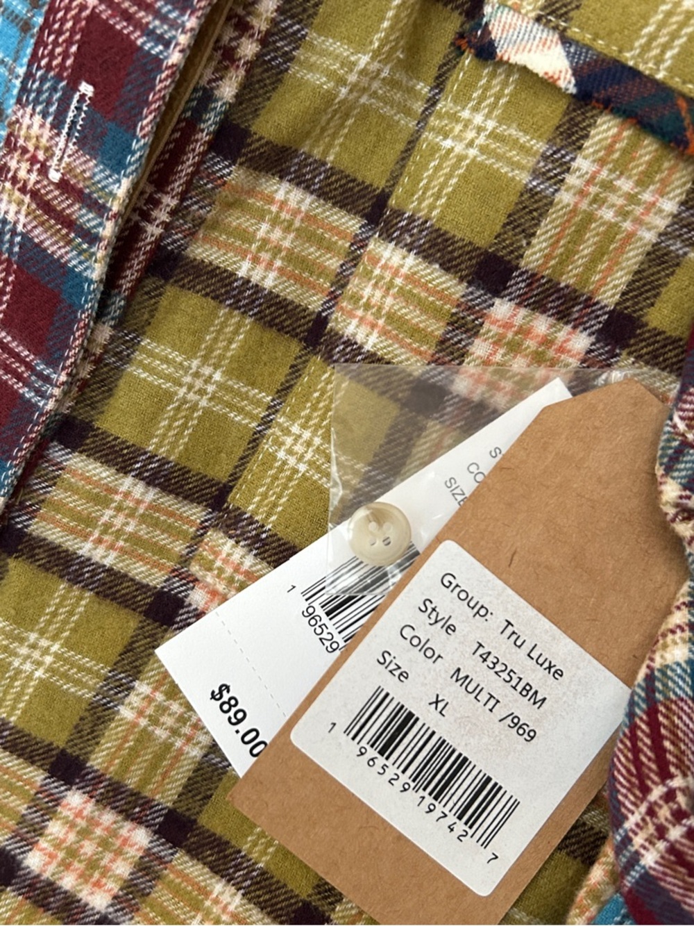 Tru Luxe Jeans Multi-Panel Plaid Button-Down in Blue, Burgundy & Tan - Picture 4 of 4